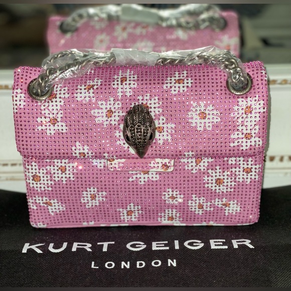 Kurt Geiger London Pink Rhinestone Flower Fabric Mini Kensington Crossbody Bag - Picture 4 of 11